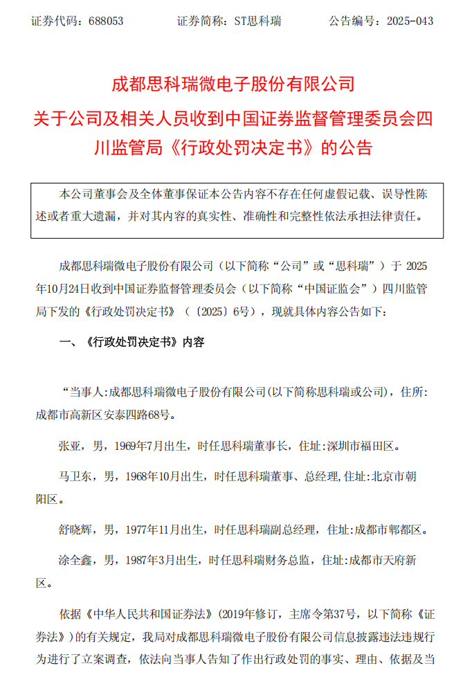 ST思科瑞：成都思科瑞微电子股份有限公司关于公司及相关人员收到中国证券监督管理委员会四川监管局《行政处罚决定书》的公告1.png