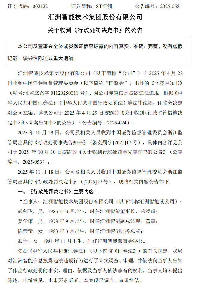ST汇洲：关于收到行政处罚决定书的公告1.png