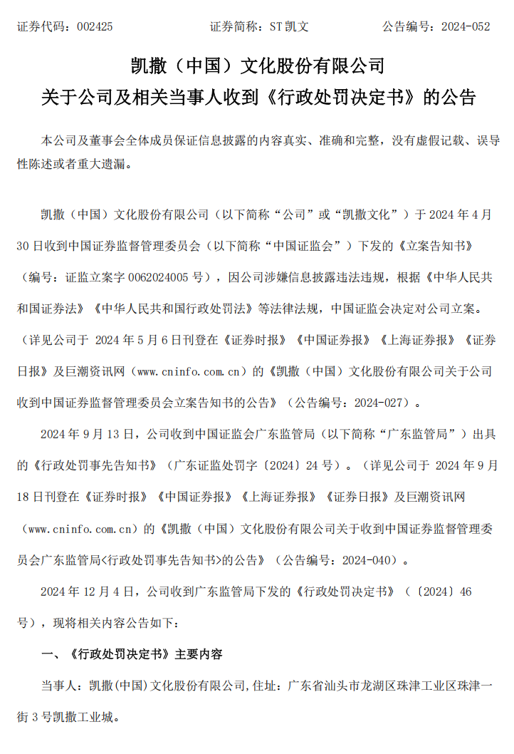 ST凯文：关于公司及相关当事人收到《行政处罚决定书》的公告1.png