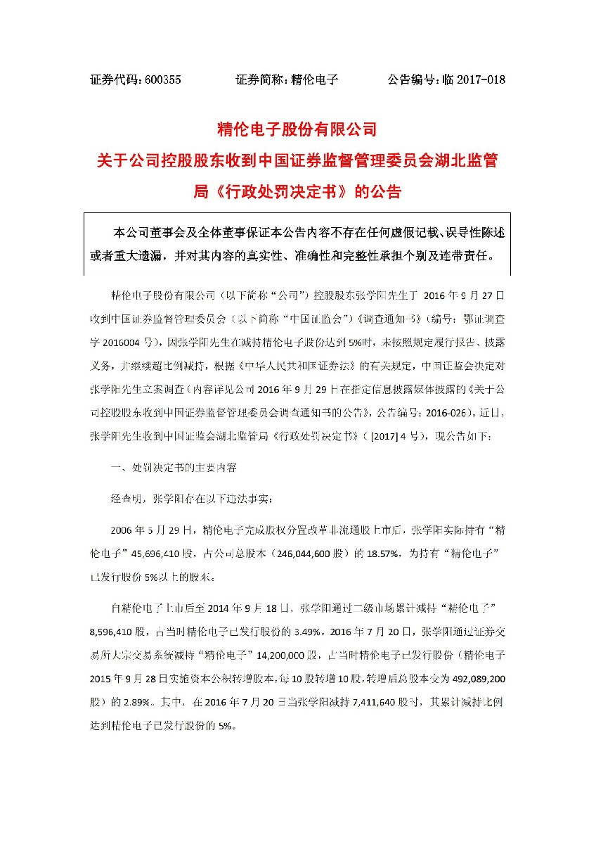 精伦电子：关于公司控股股东收到中国证券监督管理委员会湖北监管局《行政处罚决定书》的公告_01.jpg
