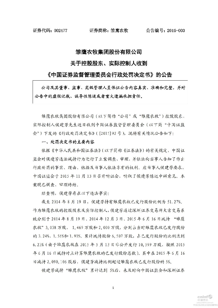 雏鹰农牧：关于控股股东、实际控制人收到《中国证券监督管理委员会行政处罚决定书》的公告_01.jpg