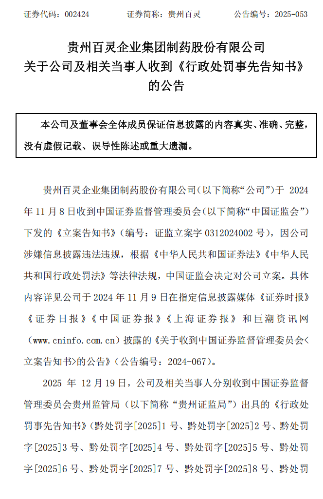 贵州百灵：关于公司及相关当事人收到《行政处罚事先告知书》的公告1.png