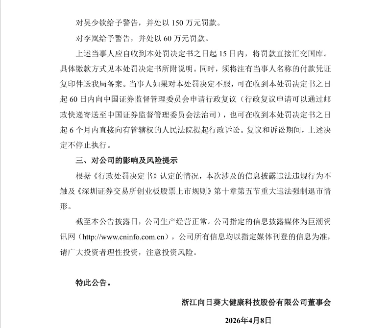 【正式处罚】向日葵收到《行政处罚决定书》的公告（2026/4/8）