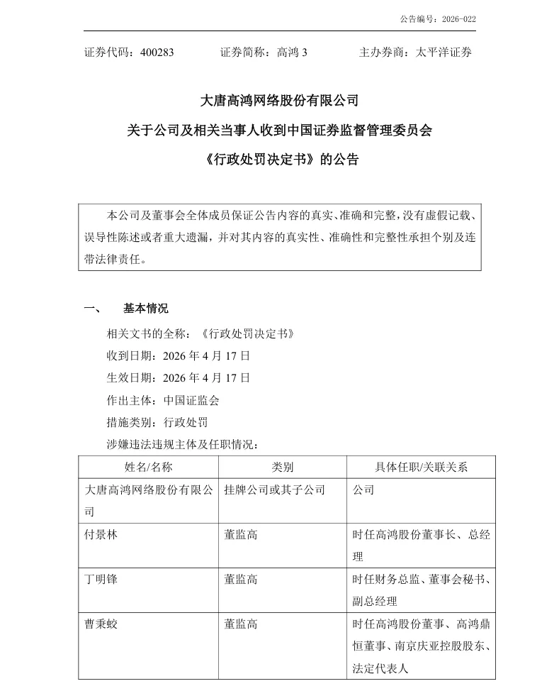 【正式处罚】ST高鸿收到《行政处罚决定书》的公告（2026/4/17）