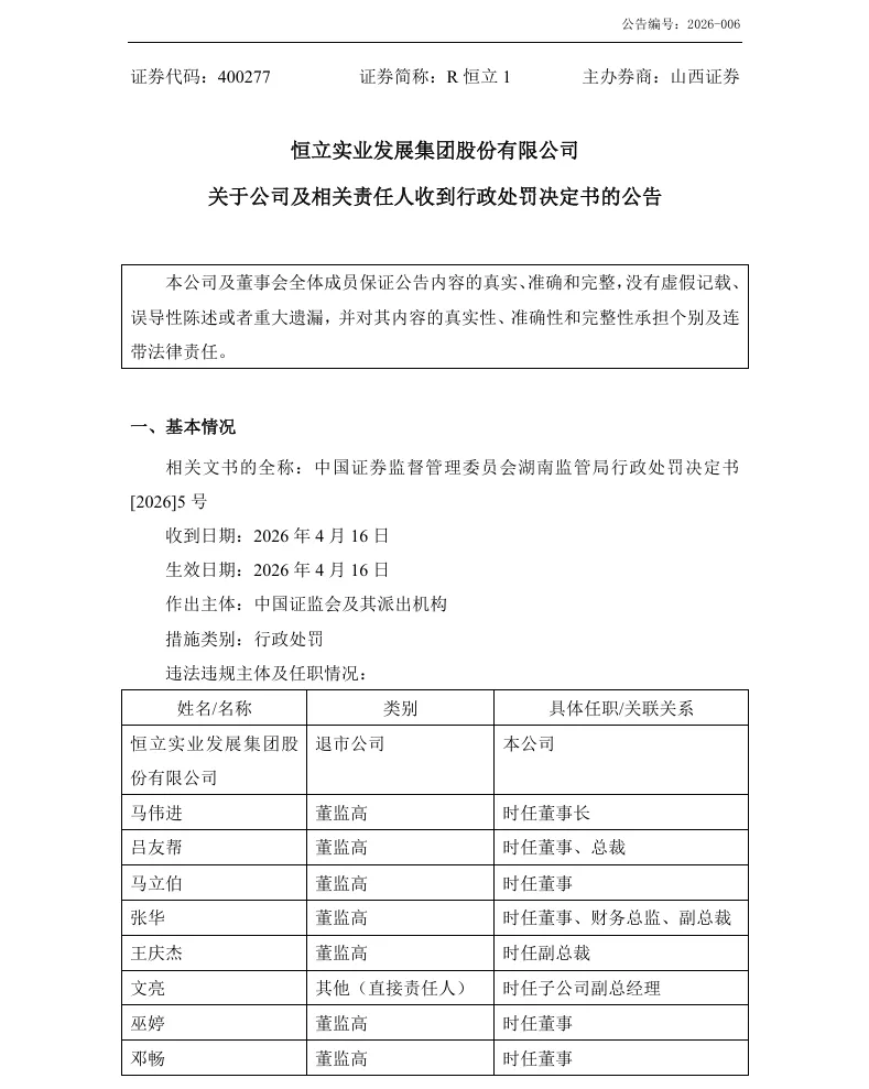【2_正式处罚】ST恒立收到《行政处罚决定书》的公告（2026/4/17）