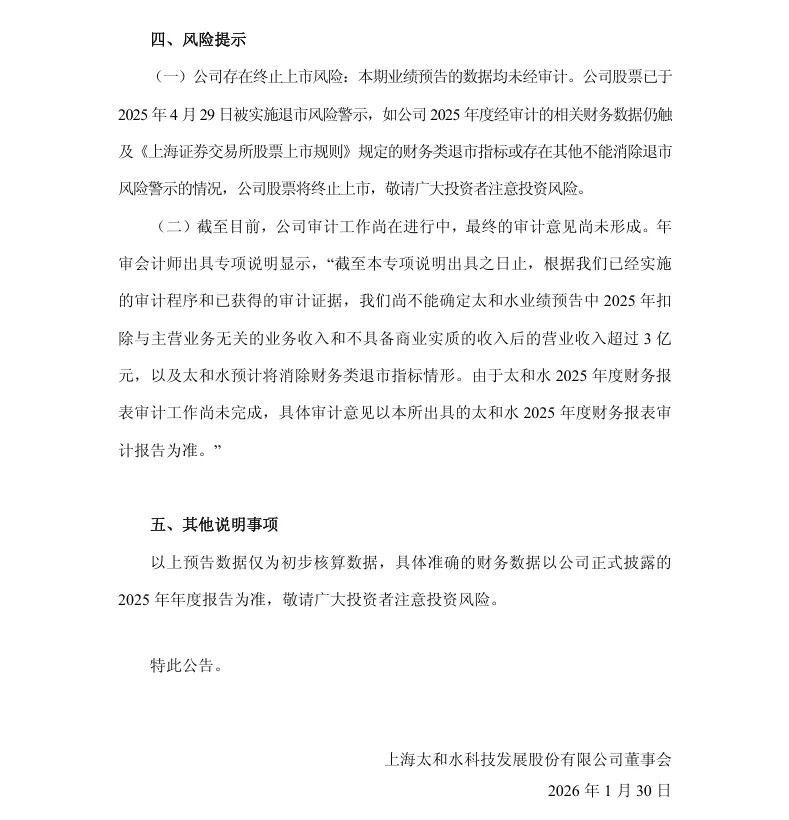 【业绩预亏】ST太和2025年度业绩预亏暨风险提示公告（2026/1/30）