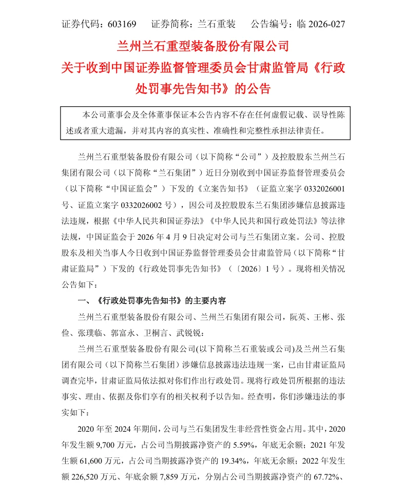 【处罚事先告知】兰石重装收到《行政处罚事先告知书》的公告（2026/4/23）