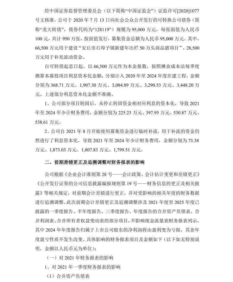 【会计差错更正】龙大美食会计差错更正及追溯调整的公告（2026/1/30）