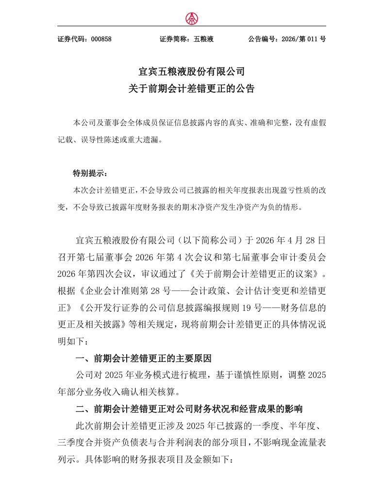 【会计差错更正】五粮液前期会计差错更正的公告（2026/4/30）