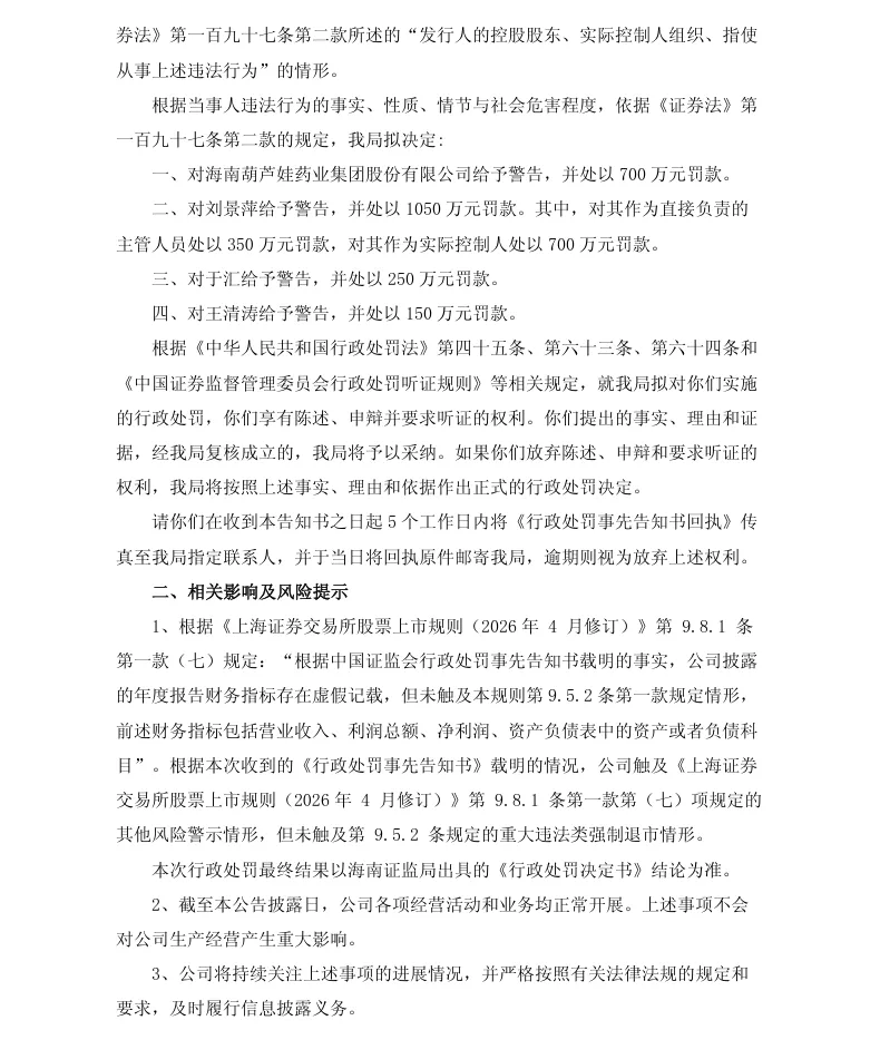 【处罚事先告知】ST葫芦娃收到《行政处罚事先告知书》的公告（2026/5/21）