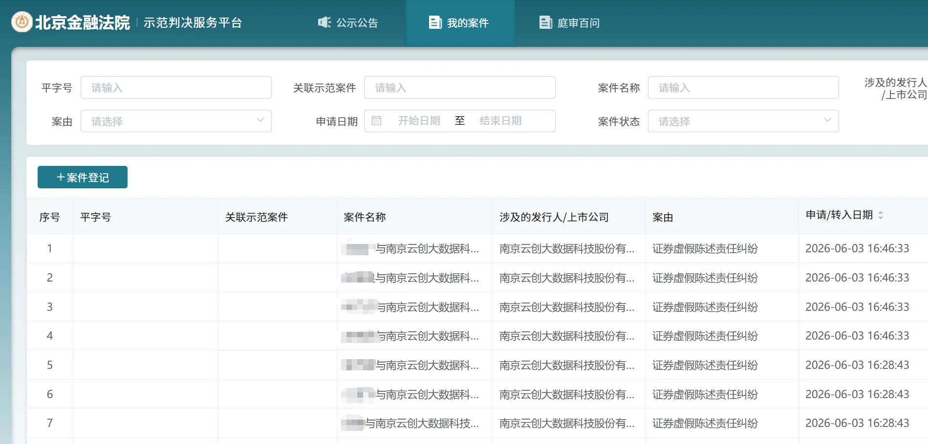 【云创数据】2026/6/4新增17人提交至北京金融法院立案（截取部分）
