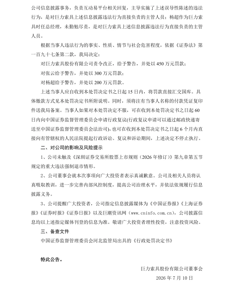 【正式处罚】巨力索具收到《行政处罚决定书》的公告（2026/7/10）