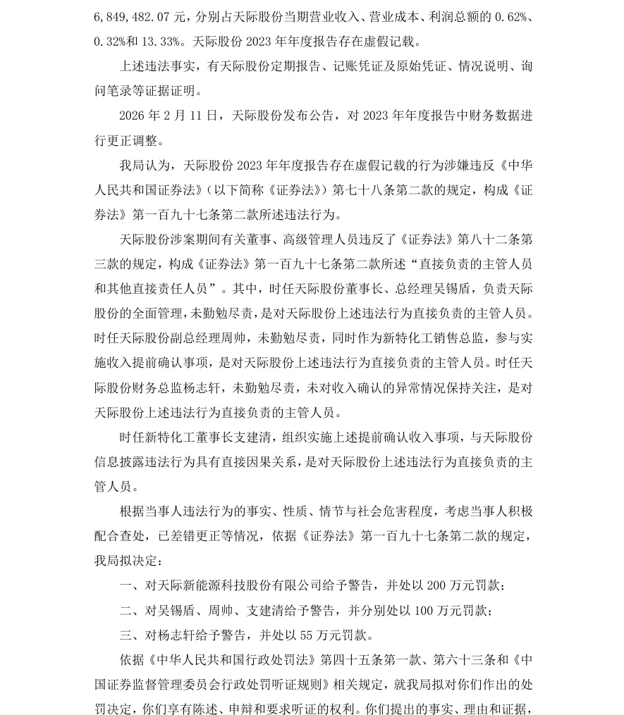 【处罚事先告知】天际股份收到《行政处罚事先告知书》的公告（2026/7/14）