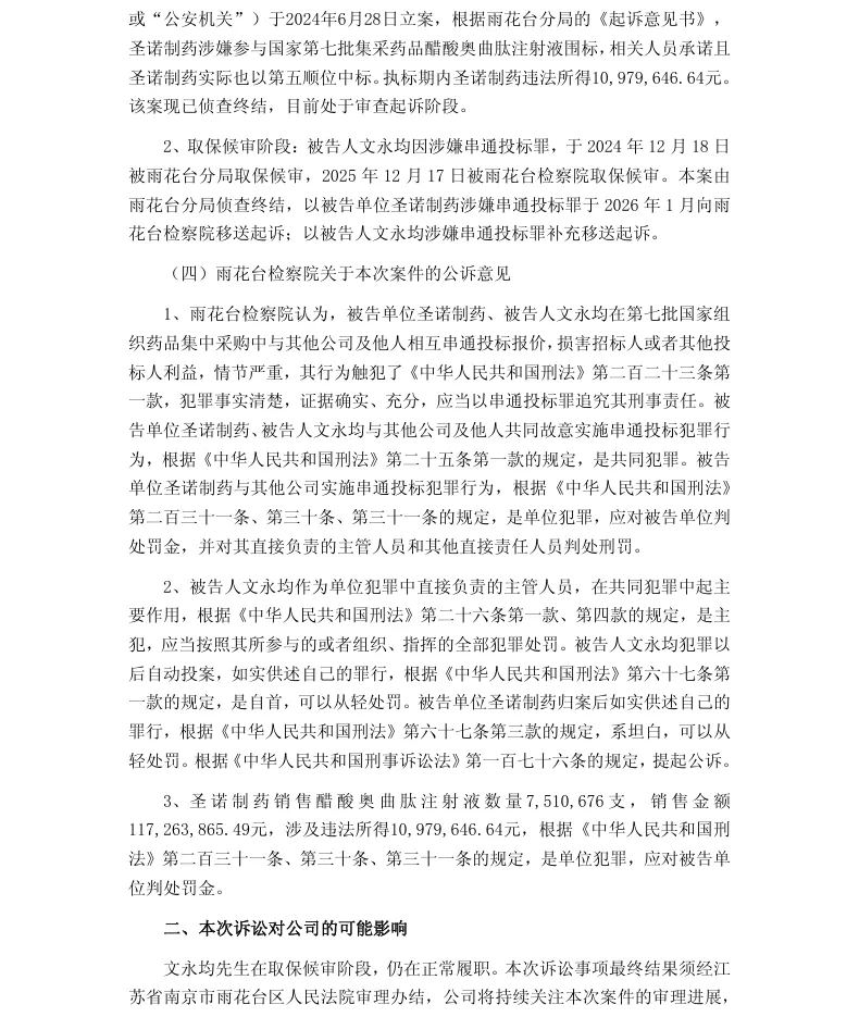 【自查公告】圣诺生物关于全资子公司及实际控制人收到起诉书的公告（2026/10/10）