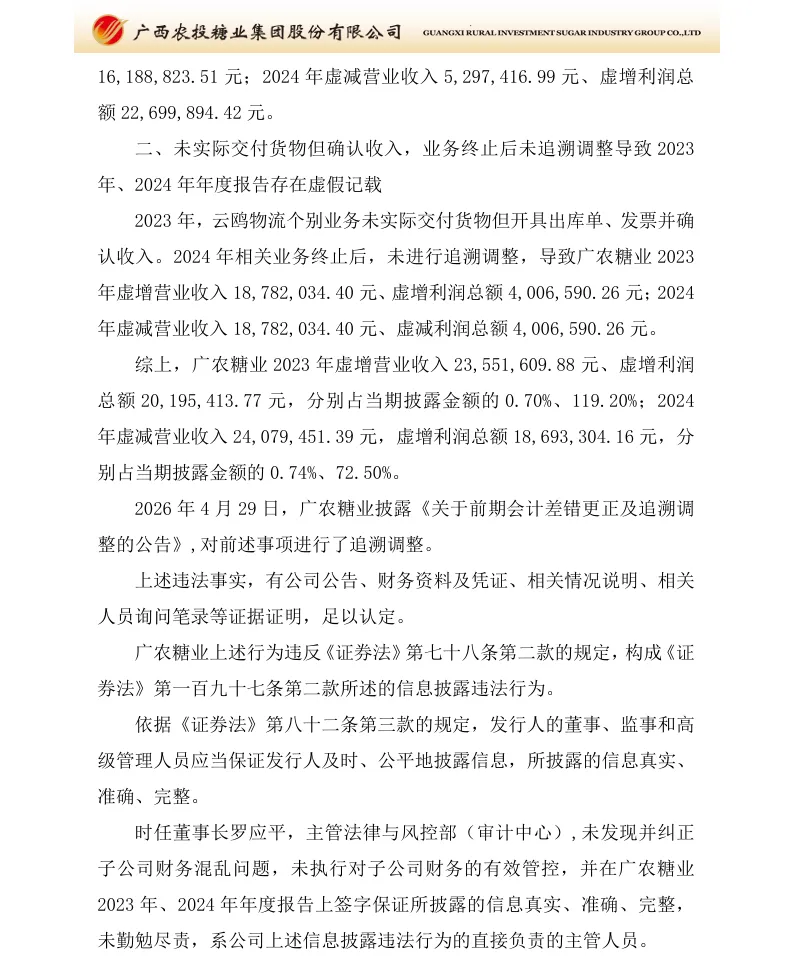 【正式处罚】*ST广糖收到《行政处罚决定书》的公告（2026/10/17）